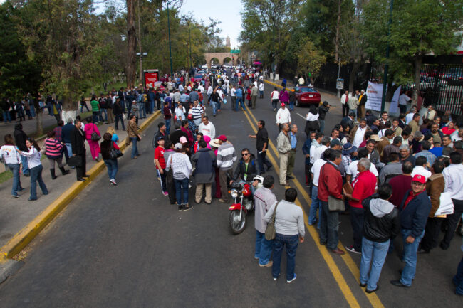 Bureaucrats blocking the finance office of Michoacan in Morelia
